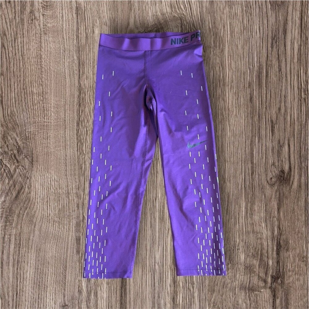 Nike Pro Leggings Womens M‎ Purple Linear Rain Print Reflective Crop Stretch